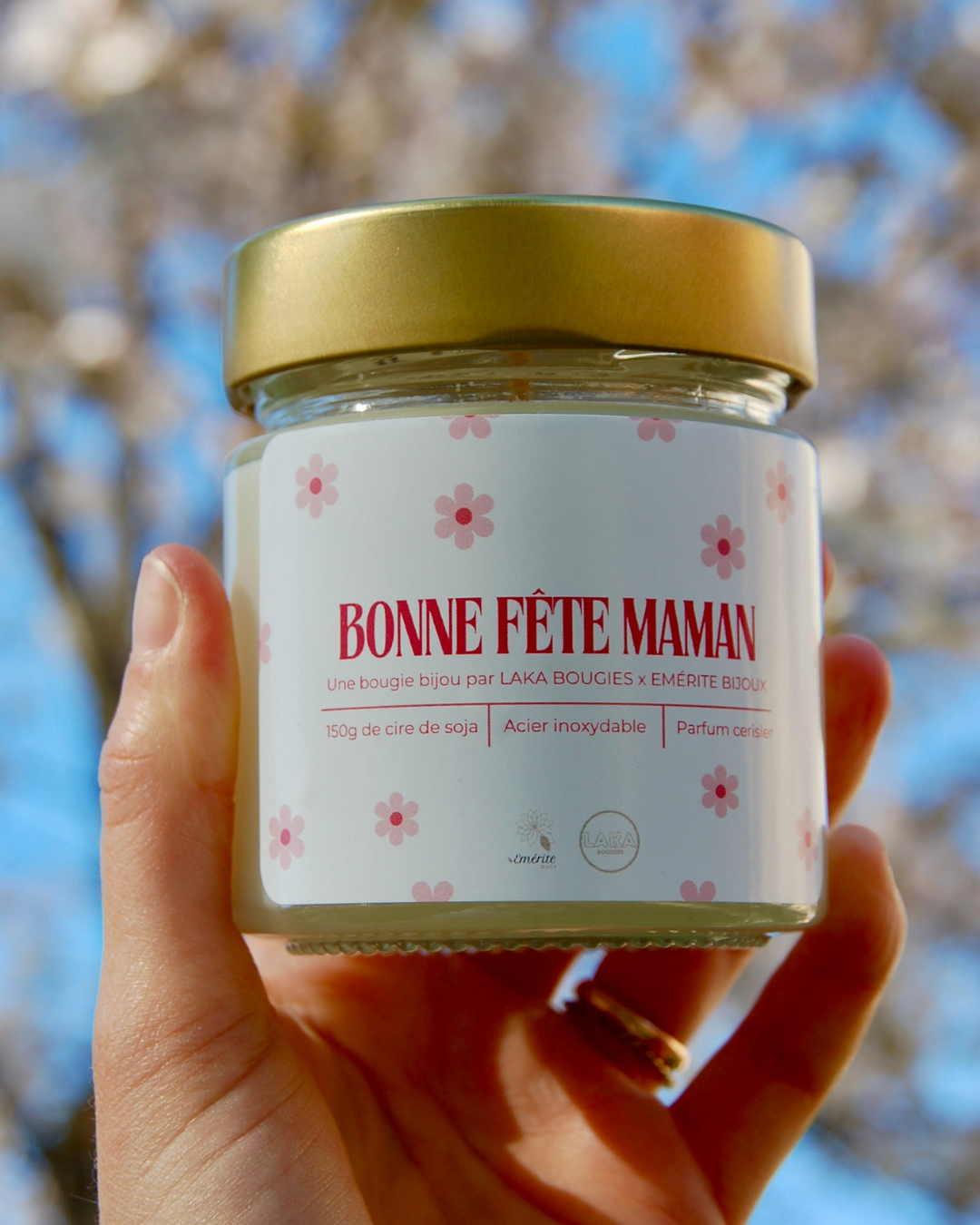 Bougie-Bijou parfum FLEUR DE CERISIER - 150g de cire & un bijoux en acier inoxydable