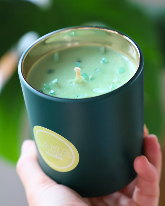 Bougie en pot 200G - BALADE EN FORÊT et pierres naturelles AVENTURINE